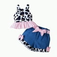 thumbnail image 1 of KPOPLK Toddler Girl Denim Western Outfit Baby Clothes Ruffle Cow Print Shirt Button Up Tops Belted Jeans Shorts toddler jean shorts(12-18 Months,Pink), 1 of 8