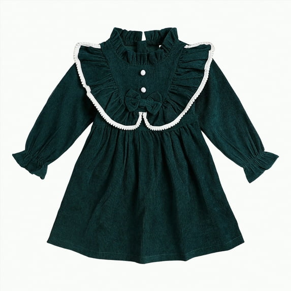 KPOPLK Toddler Girl Fall Winter Clothes Corduroy Ruffle Long Sleeve Vintage Dress Little Girl Outfit(2-3 Years,A115-Dark Green)