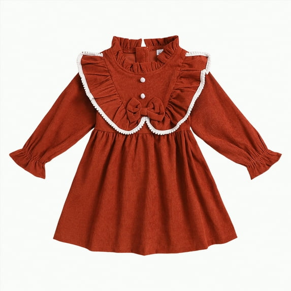 KPOPLK Toddler Girl Fall Winter Clothes Corduroy Ruffle Long Sleeve Vintage Dress Little Girl Outfit(2-3 Years,A116-Orange)