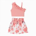 thumbnail image 1 of KPOPLK Toddler Girl Floral Outfit Kids Sleeveless Waffle Cami Tank Ruffle Tops Wide Shorts Summer Clothes for 3T 4T 5T 6T 7T(3-4 Years,Pink), 1 of 4