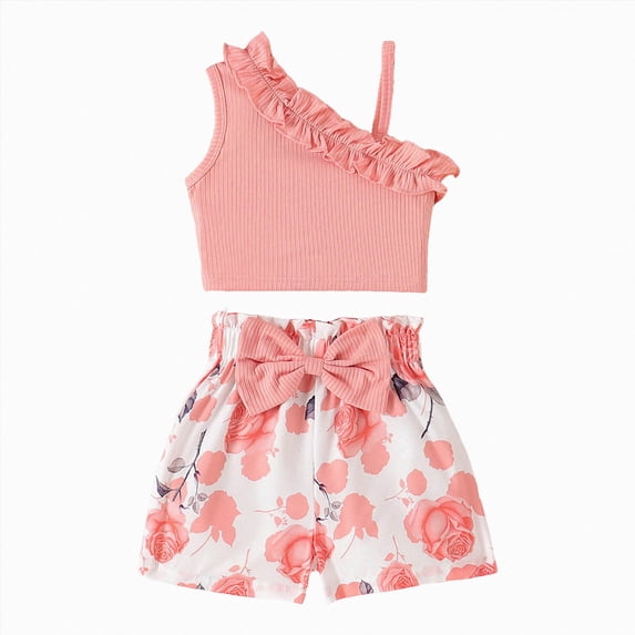 KPOPLK Toddler Girl Floral Outfit Kids Sleeveless Waffle Cami Tank Ruffle Tops Wide Shorts Summer Clothes for 3T 4T 5T 6T 7T(3-4 Years,Pink)