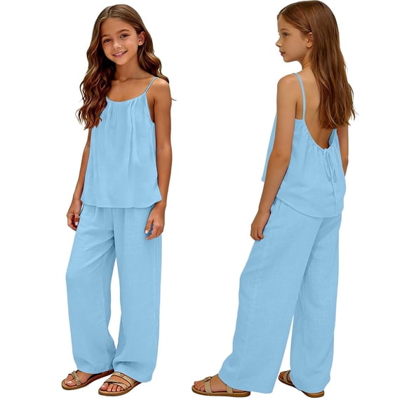 KPOPLK Toddler Girl Summer Clothes Baby Girl Sleeveless Solid Color Sweet Camisole Ruffle 2-Piece Infant Cotton Pants Set(5-6 Years,Sky Blue)