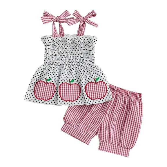 KPOPLK Toddler Girl Summer Outfit Ice Embroidered Sleeveless Smocked Tops Ruffled Gingham Shorts(Pink_1,2-3 Years)