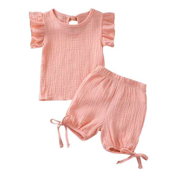 KPOPLK Toddler Girl Summer Outfit Solid Color Short Sleeve Round Neck Tops Elastic Waist Tie Up Shorts Baby Clothes(Pink#2,18-24 Months)