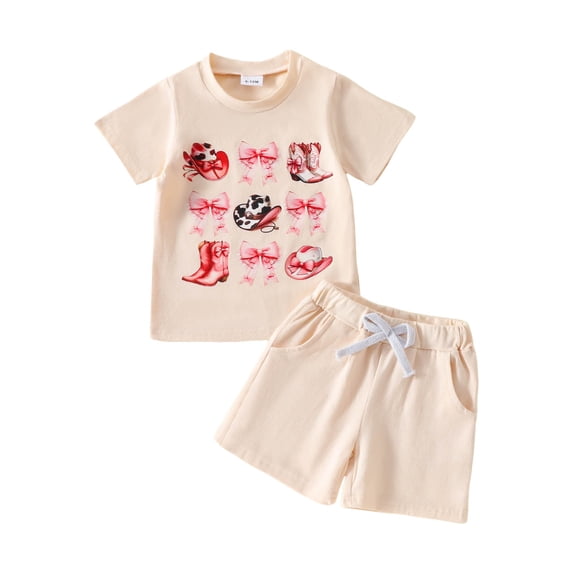 KPOPLK Toddler Girl Western Summer Outfit Boots Clothes Short Sleeve T Shirt and Shorts Set 2 Piece Cute Clothing(Beige#2,2-3 Years)