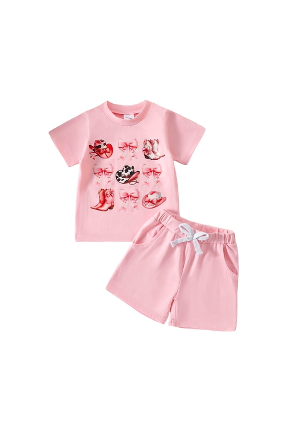 Toddler Girl Western Summer Outfit Boots Clothes Short Sleeve T Shirt and Shorts Set 2 Piece Cute Clothing(Pink&3,18-24 Months)