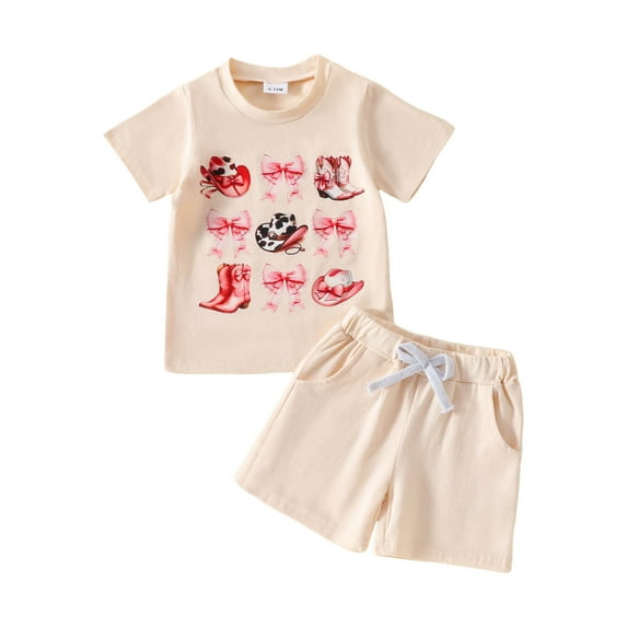 KPOPLK Toddler Girl Western Summer Outfit Boots Clothes Short Sleeve T Shirt and Shorts Set 2 Piece Cute Clothing(S#-Beige,6-12 Months)