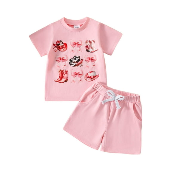 KPOPLK Toddler Girl Western Summer Outfit Boots Clothes Short Sleeve T Shirt and Shorts Set 2 Piece Cute Clothing(S#-Pink,3-4 Years)
