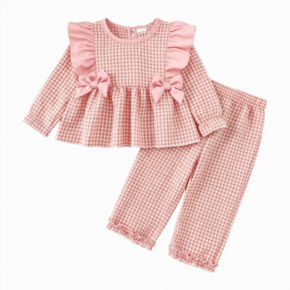 KPOPLK Toddler Girls 2Pcs Outfits Cute Baby Girl Plaid Print Long Sleeve Pant Set Flower Ruffle Top,Size 3-4 Years