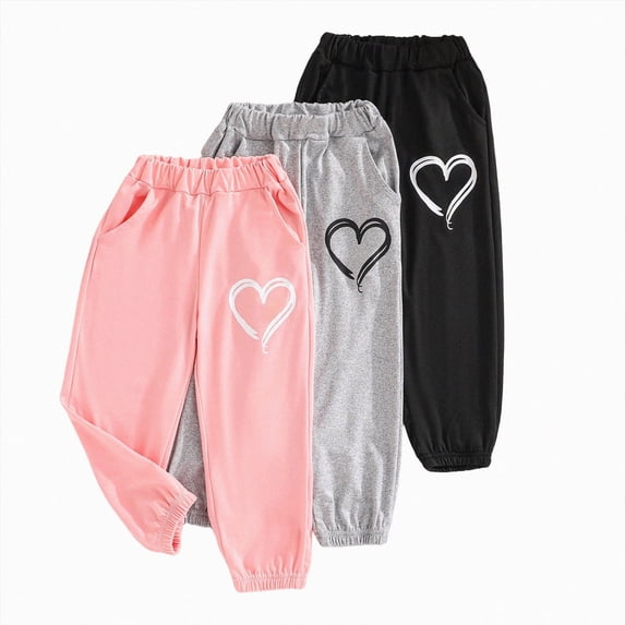 KPOPLK Toddler Girls 3Packs Jogger Pants 2T 3T 4T 5T 6T 7T Heart Print Elastic Waist Casual Sweatpants Trousers Size 3-4 Years,Wine