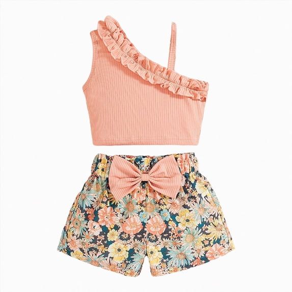 KPOPLK Toddler Girls Clothes Summer Short Set Outfit Tie Knot Shoulder Sleeveless Ruffle Tee Tops and Shorts 2PC Clothing Set(6-7 Years,Light Pink)