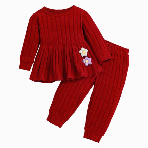 KPOPLK Toddler Girls Clothing Set Ribbed Knit Long Sleeve Cute Embroidered Ruffle Top and Pant 2 Piece Outfit for 9 12 18 Months 2T 3T,Size 9-12 Months