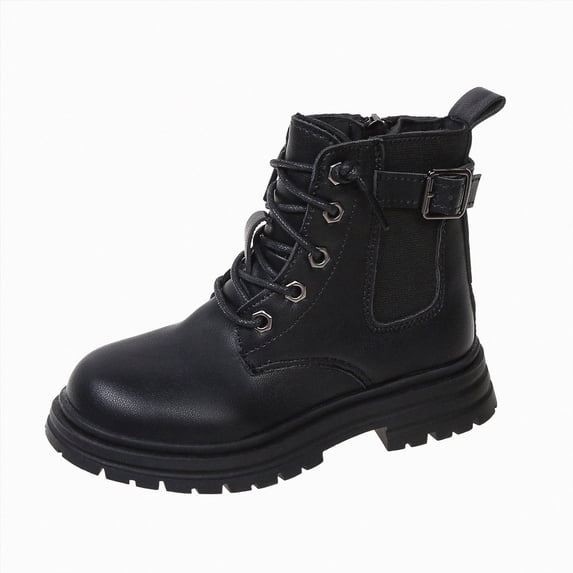 KPOPLK Toddler Girls Combat Boots Side Zipper Lace Up Boots Girls Non-Slip Sole Casual Boots(10,Black)
