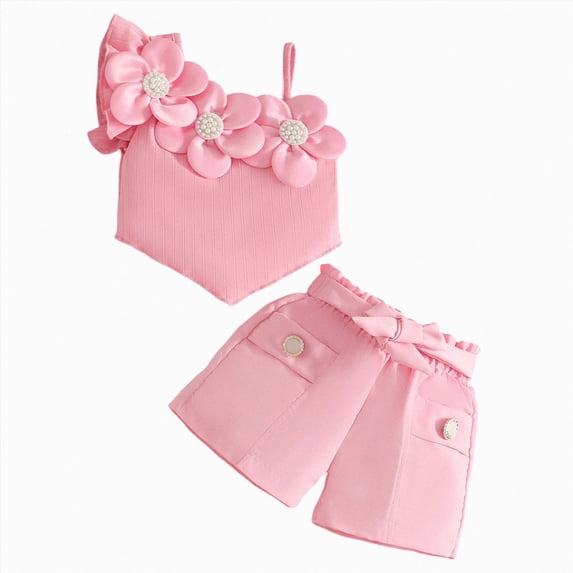 KPOPLK Toddler Girls Summer Clothes Outfits Set Ruffle Camisole Strap Print Tops and Casual Ruffle Hem Shorts Girls Clothing 2pcs for 12 Months to 5 Years(18-24 Months,Pink)