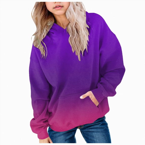KPOPLK Toddler Girls Sweatshirt Long Sleeve Hooded Teen Kids Pullover Fall Casual Tops Hoodie Solid Color Clothes Dark Purple,Size 150