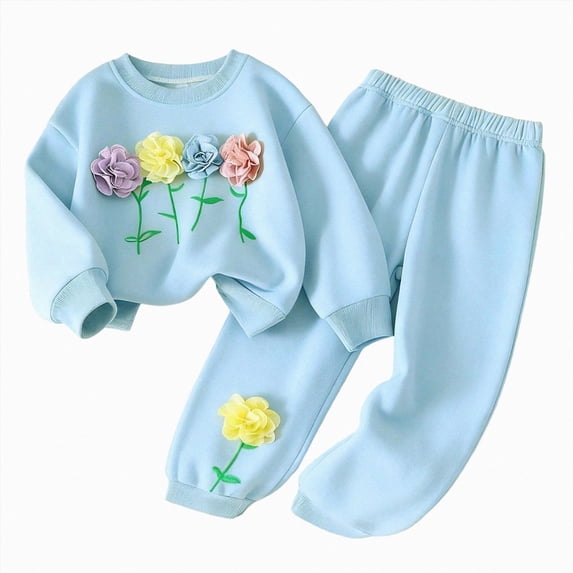 KPOPLK Toddler Girls Sweatshirt and Pants Set 2T 3T 4T 5T 6T 7T Flower Embroided Long Sleeve Top Jogger Pants 2 Piece Outfit,Size 6-7Years