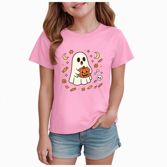 KPOPLK Toddler Halloween Shirts for Girls - Short Sleeve Tees with Ghosts & Pumpkins Graphics T-shirt Top for 1t-14t,Size 11-12 Years