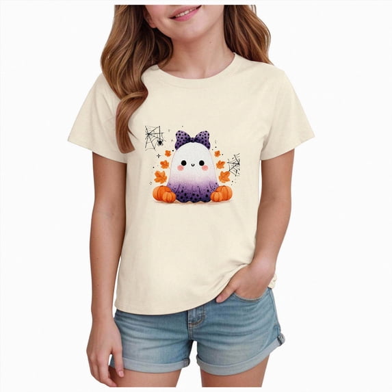 KPOPLK Toddler Halloween T-Shirt Teen Girls Ghost Pumpkin Tshirts Kids Fall Spooky Season Short Sleeve Tee Tops,Size 7-8 Years