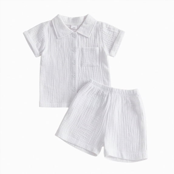 KPOPLK Toddler Infant Boy Linen Outfit 6 9 12 18 Months 2T 3T Button Down Shirt Short Sleeve Tops Elastic Waist Shorts Solid Boys Clothes Summer Outfits Size 2-3 Years