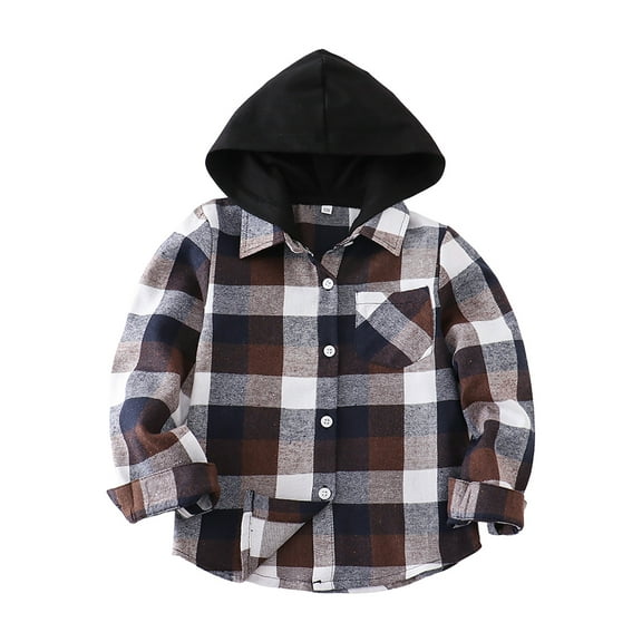 KPOPLK Toddler Kids Boys Flannel Hooded Plaid Shirt Button Down Long Sleeve Lapel Jacket Tops Fall Clothes(3-6 Months,Coffee)