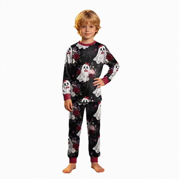 KPOPLK Toddler Kids Boys Pajamas Sets Halloween Ghost Print Long Sleeve Crewneck Top Snug Fit Pant Sleepwear Set,Size 5-6 Years