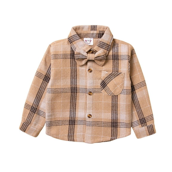 KPOPLK Toddler Kids Flannel Shirt Jacket Plaid Long Sleeve Lapel Button Down Shacket Baby Fall Coat for Boys Girls(2-3 Years,Khaki)