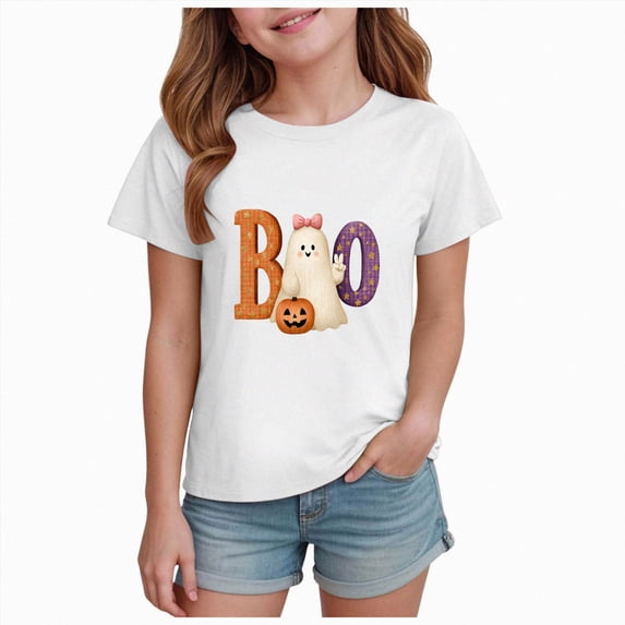 KPOPLK Toddler Kids Girl Halloween T-Shirt Short Sleeve Tops Pumpkin Fun Tee Clothes 1-14 Years,Size 1-2 Years