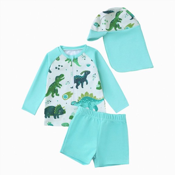 KPOPLK Toddlers Boys 3PCS Rashguard Swimsuit Long Sleeve Top and Slim-fit Swim Shorts Sets with Sun Hat Boys Bathing Suit 1-5T(Light Green,12-18 Months)
