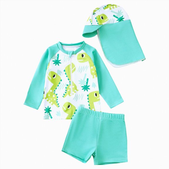 KPOPLK Toddlers Boys 3PCS Rashguard Swimsuit Long Sleeve Top and Slim-fit Swim Shorts Sets with Sun Hat Boys Bathing Suit 1-5T(Mint Green,6-12 Months)