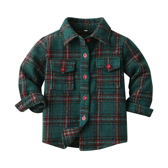 KPOPLK Toddlers and Kids Boys Girls Sherpa Lined Snap Flannel Shirt Jacket,Cozy Plaid Shacket Gender-Neutral(4-5 Years,Dark Green)