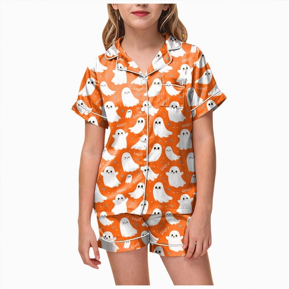 KPOPLK Tween Halloween Pjs Set Ghost Pumpkin Print Girls Silk Pjs Short Sleeve Button Down Nightwear with Shorts Set Tween 12-13 Years Little's Pajamas,Size 10-11 Years