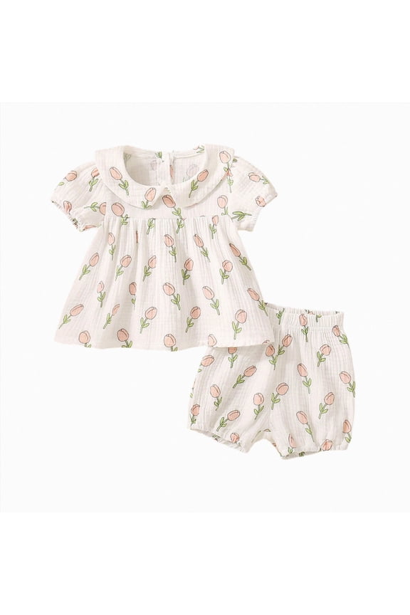 Two Piece Infant Baby Girl Summer Clothes Outfit Set Flower Print Short Sleeve Doll Collar Clothing Casual Shorts(3-6 Months,White)