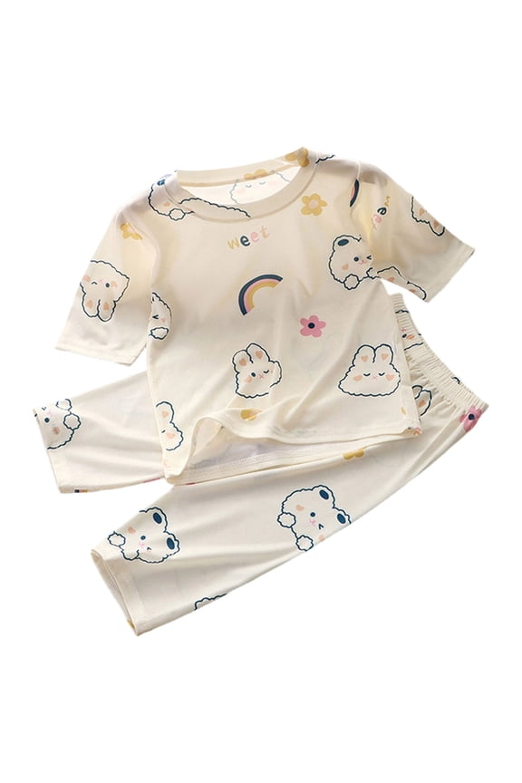 Two-piece Pajamas for Toddler Girls Soft Cotton Cute Cartoon Print Half Sleeve Top Long Pants Sleepwear Casual Loungewear Jammies Outfits for Kids 6 Months to 6 Years(6-7 Years,Yellow)