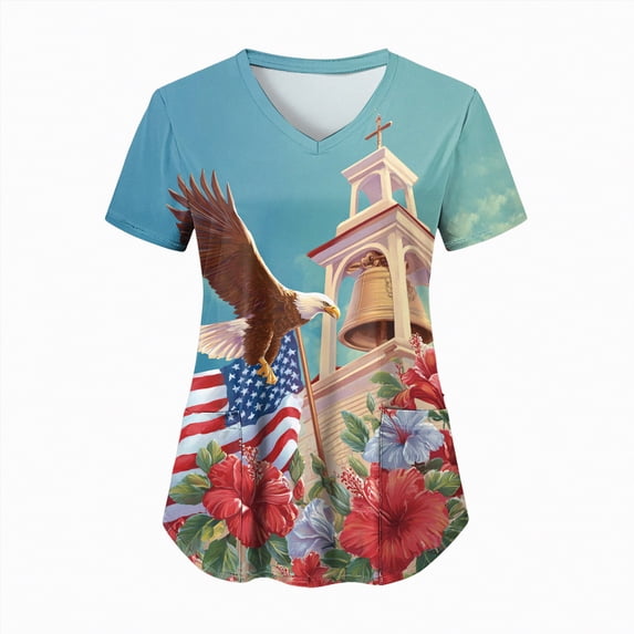 KPOPLK USA Flag Crew Neck Shirt Women Star and Stripes Graphic Tops Red White and Blue Short Sleeve Tee Summer Patriotic T-Shirt(Sky Blue,XXL)