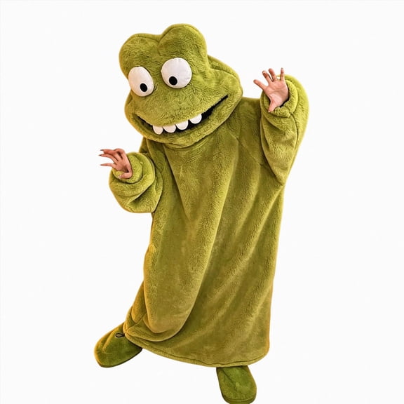 KPOPLK Unisex Adult Frog Onesie Costume Plush Frog Hooded Robe with Foot Covers, Funny Animal Cosplay Outfit for Halloween Sleepover Party Loungewear,Size XXL