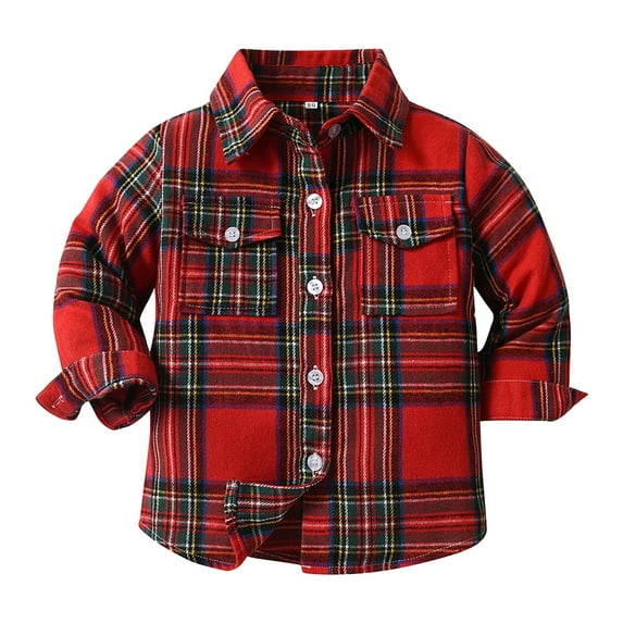 KPOPLK Unisex Baby Boys Girls Flannel Jackst Plaid Shacket Long Sleeve Lapel Botton Down Fall Winter Outwear Coat(6-12 Months,Red)