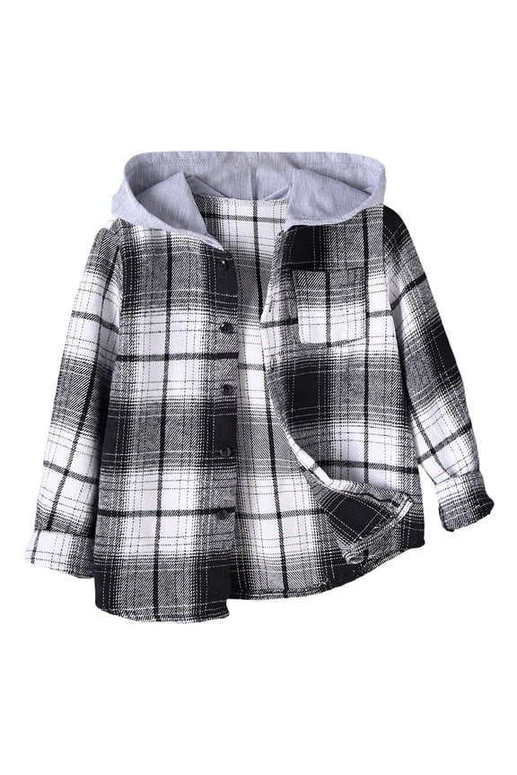 Unisex Toddler Boys Girls Plaid Zip Up Flannel Hooded Jacket Sherpa Lined Shacket with Hand Pockets(5-6 Years,Grey)