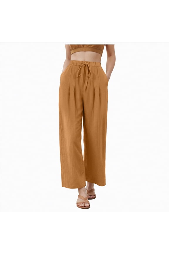 Wide Leg Linen Pants Woman Cargo Pants Summer Waisted Drawstring Linen Pants Petite Women Wide Leg Casual Pants with Pockets Size XXXL,Yellow
