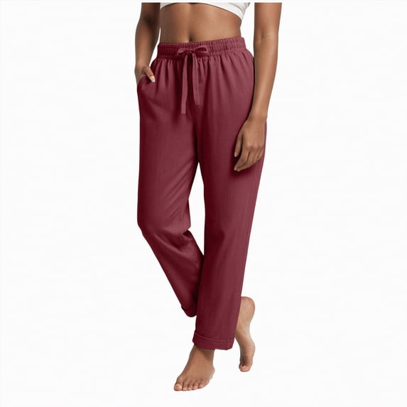 KPOPLK Woman Within Linen Pants Tall Cotton Linen Elastic Waisted Drawstring Button Casual Summer Cropped Trousers with Pockets Size L,Wine