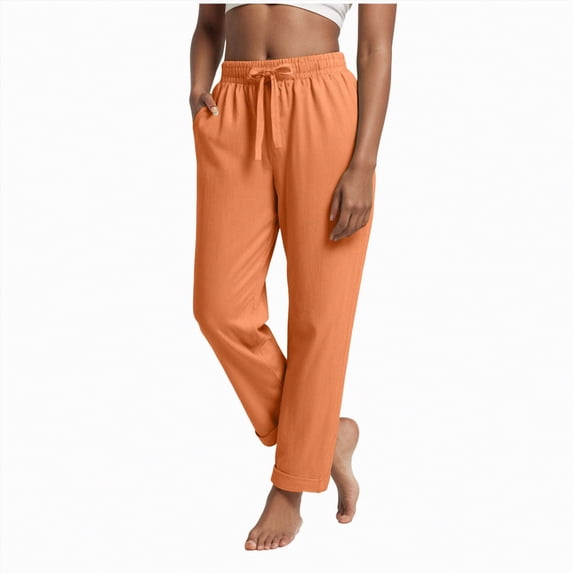 KPOPLK Woman Within Linen Pants Tall Cotton Linen Elastic Waisted Drawstring Button Casual Summer Cropped Trousers with Pockets Size XL,Orange