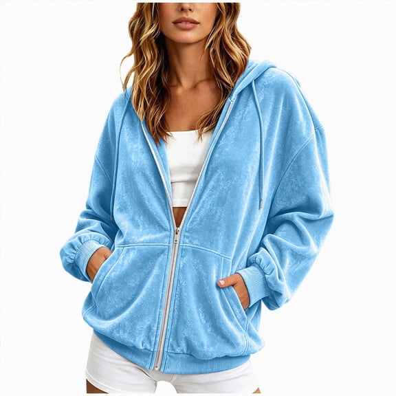 KPOPLK Women Hoodied Blouse Long Sleeve Tops Sweatshirt Pockets Plus Size Zip up Drawstring Solid Long Sleeve Hoodies Sweatshirts(XXL,Sky Blue)