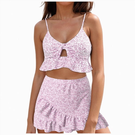 KPOPLK Women Plus Size Tankini Swimsuits Tummy Control 2 Piece Bathing Suit Ruffled Swimwear with Shorts Size S,Pink