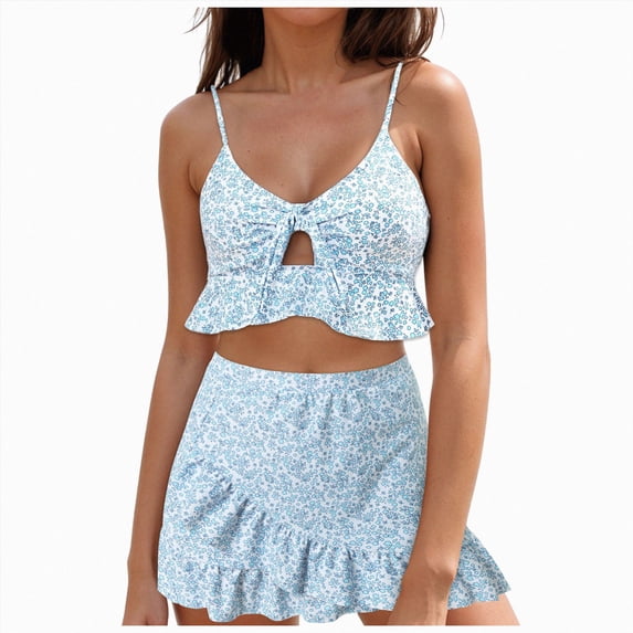 KPOPLK Women Plus Size Tankini Swimsuits Tummy Control 2 Piece Bathing Suit Ruffled Swimwear with Shorts Size XL,Blue