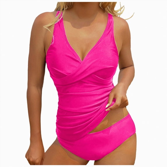 KPOPLK Women's 2 Piece Crochet Tankini Top with Shorts Striped Halter Swimsuits Beach Bathing Suit Knit Set Size M,Hot Pink