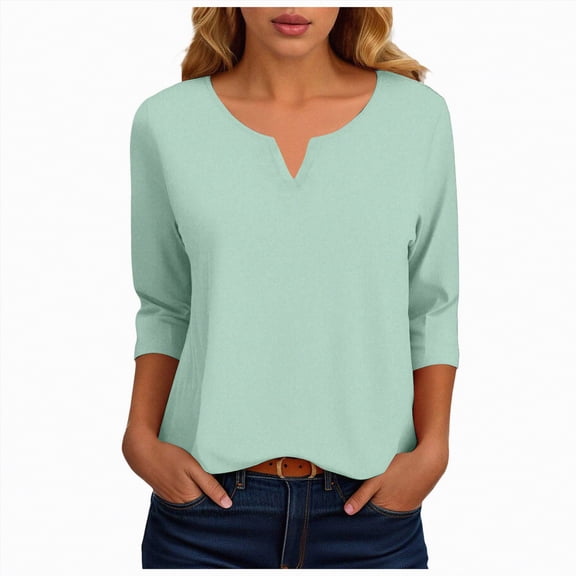 KPOPLK Women's 3/4 Length Rolled Sleeve Tunic Tops Collared V Neck T Shirts Both Blouses(XXXL,b172-Blue)
