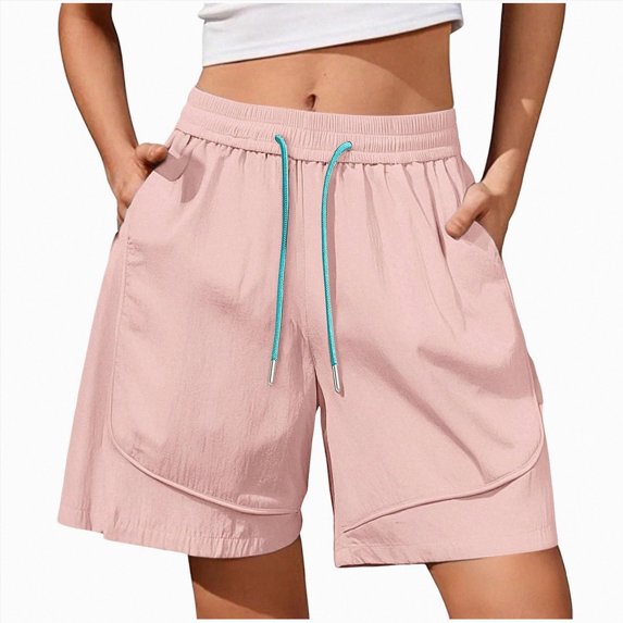 KPOPLK Women's 5"/ 7" Athletic Running Shorts Drawstring Quick Dry Lightweight Workout Gym Shorts with Pockets UPF 50+ Size M,Pink