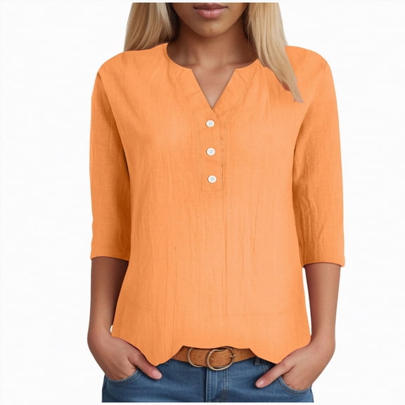 KPOPLK Women's Casual 3/4 Sleeve T-Shirts Round Neck Cute Tunic Tops Basic Tees Blouses Business Work Tee Top(S,b24-Orange)