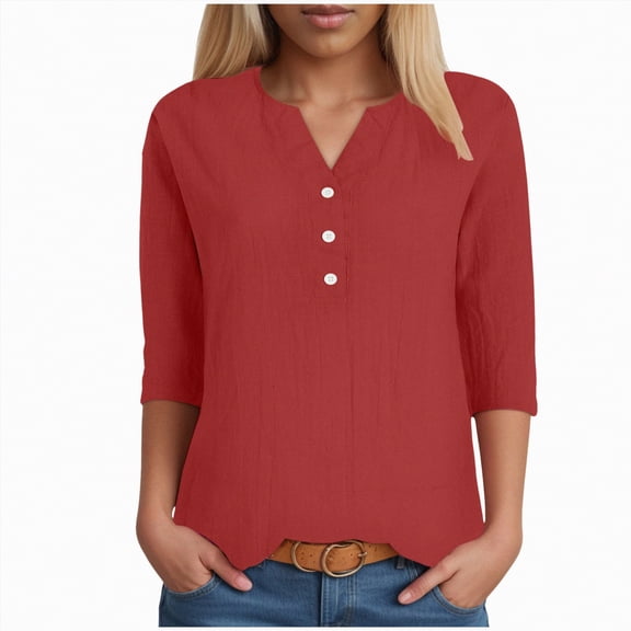 KPOPLK Women's Casual 3/4 Sleeve T-Shirts Round Neck Cute Tunic Tops Basic Tees Blouses Business Work Tee Top(S,b26-Wine)