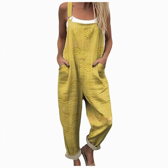 KPOPLK Women's Casual Wide Leg Overalls Loose Fit Jumpsuits Solid Color Adjustable Strap Bib Romper Fall Clothes Yellow S