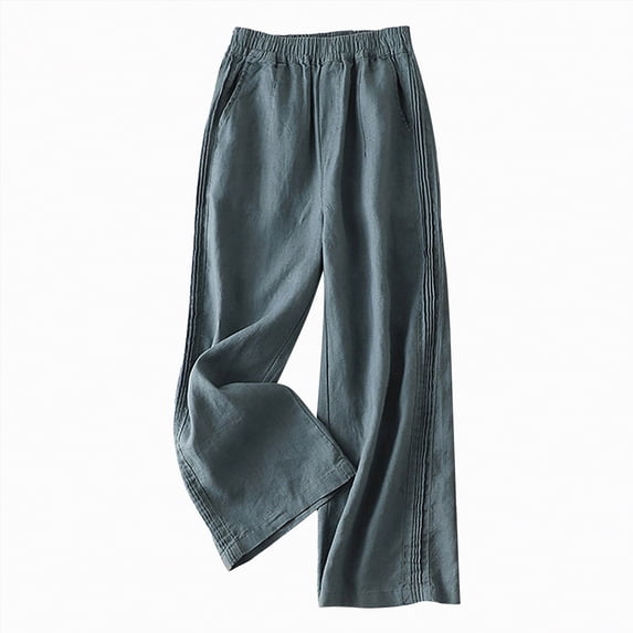 KPOPLK Women's Cotton Linen Pants Summer Women Tall Casual Loose Fashion Drawstring Lounge Straight Leg Palazzo Pants Size XL,Blue